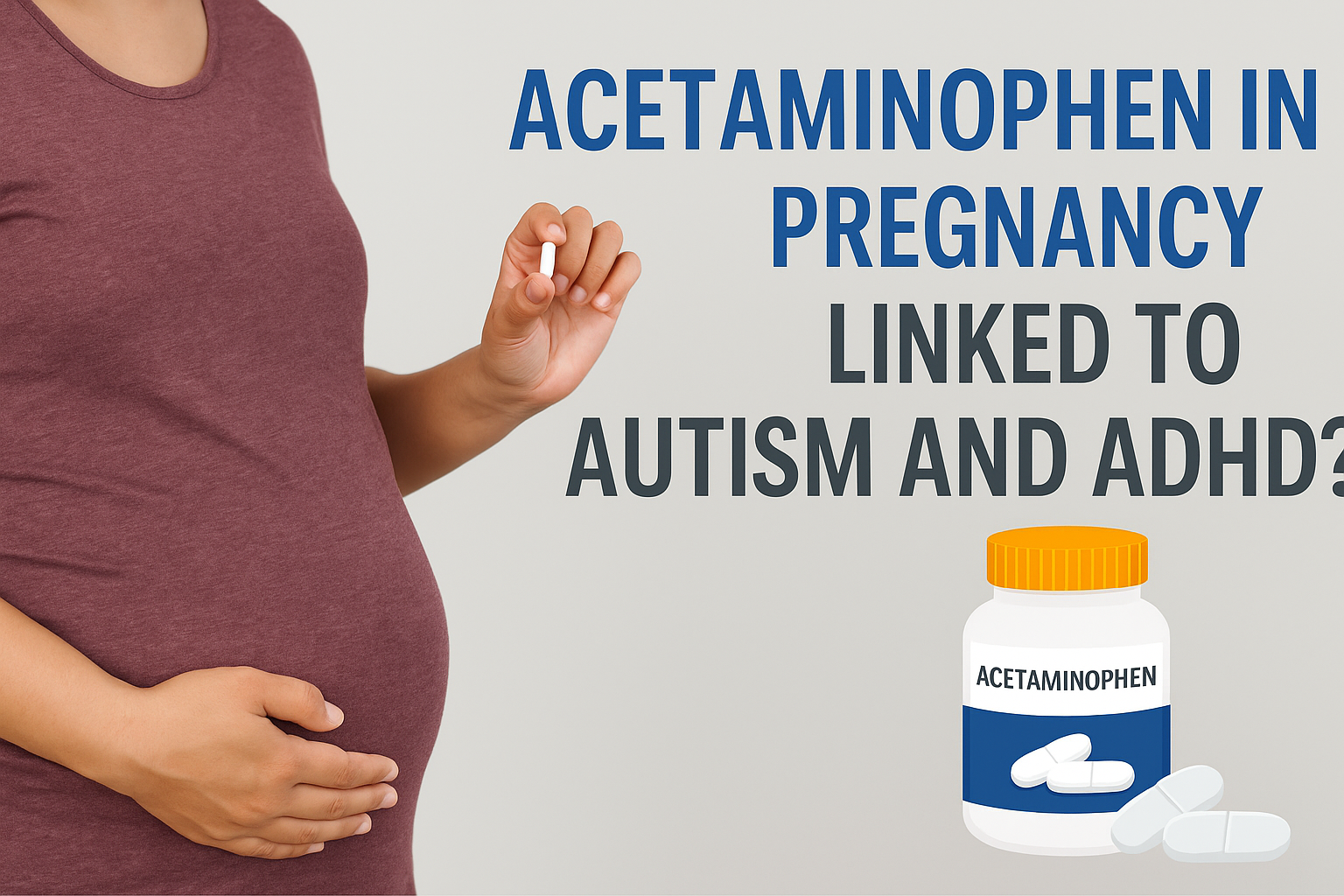 Pregnant woman with acetaminophen (Tylenol) bottle – research on autism and ADHD risk