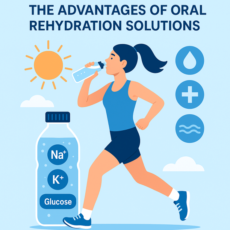 Woman drinking oral rehydration solution during summer exercise with sodium, potassium, and glucose icons