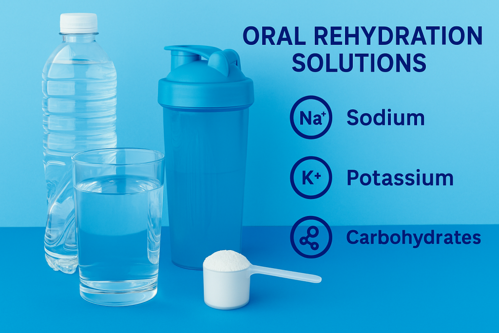 Oral rehydration solution with sodium, potassium, and carbohydrates compared to water and sports drinks