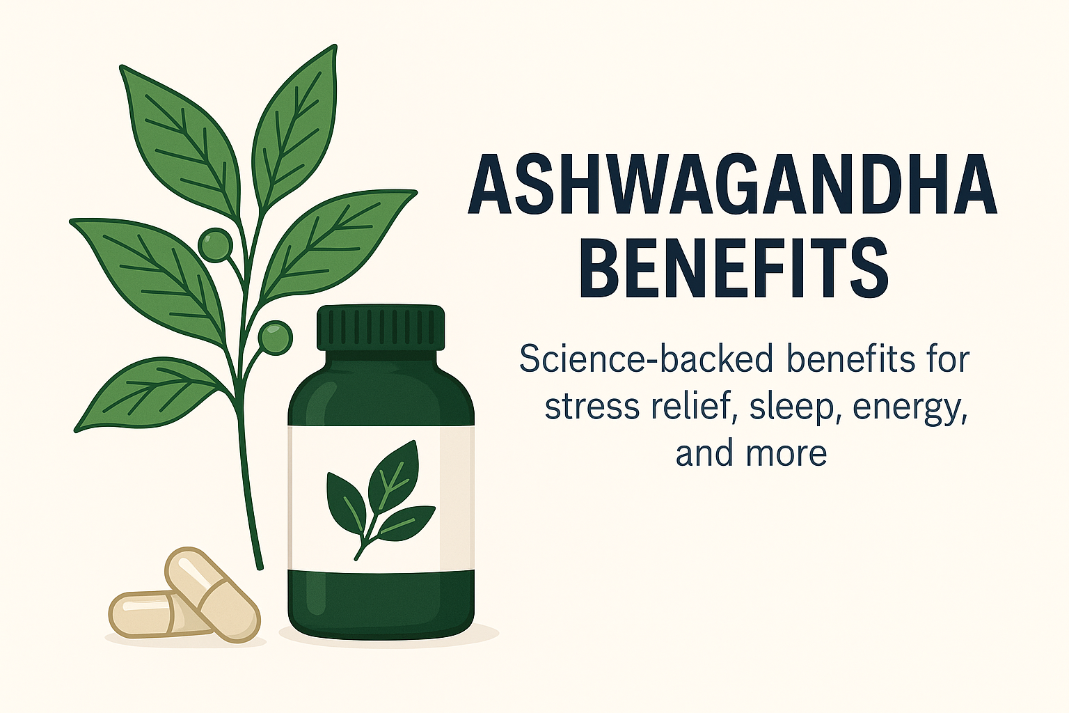 Ashwagandha supplement bottle and leaves illustration with text about benefits