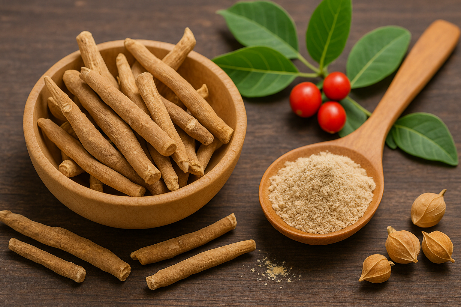 Dried ashwagandha roots, powder, and berries on a wooden surface